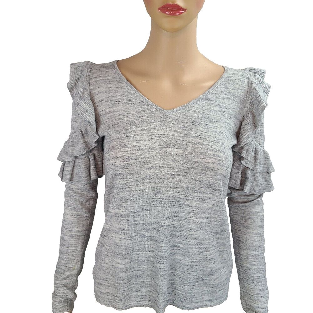 LILLY PULITZER Fresca Women's (XS) Heather Gray Ruffled V-Neck Pullover Sweater